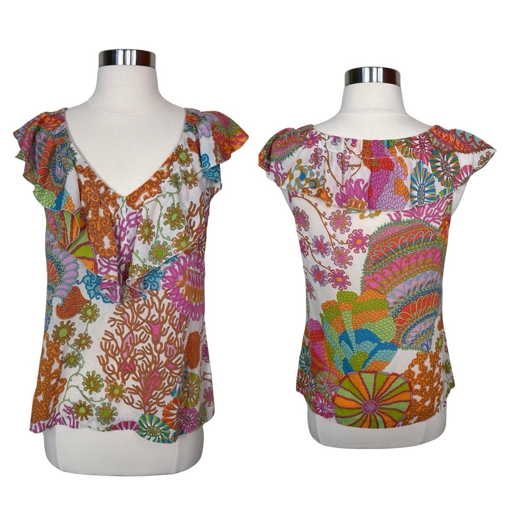 Trina Turk Silk Ruffled Floral Colorful Neck SemiSheer Cap Sleeve Funky Blouse M